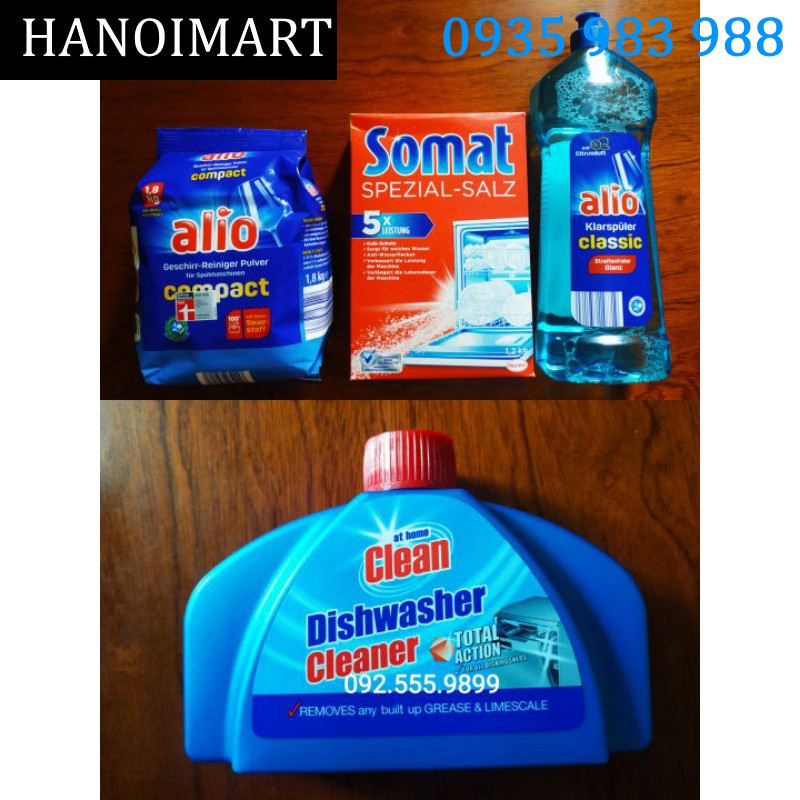 Combo cho máy rửa bát: Bột rửa Alio 1.8kg + Muối Somat 1.2kg + Bóng Alio 100ml + Chai vệ sinh Máy rửa bát Alio