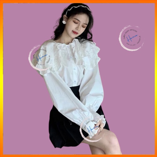 Áo Sơ Mi Nữ Dài Tay Màu Trắng Cổ Bèo Phong Cách Tiểu Thư Nữ Tính Hanva