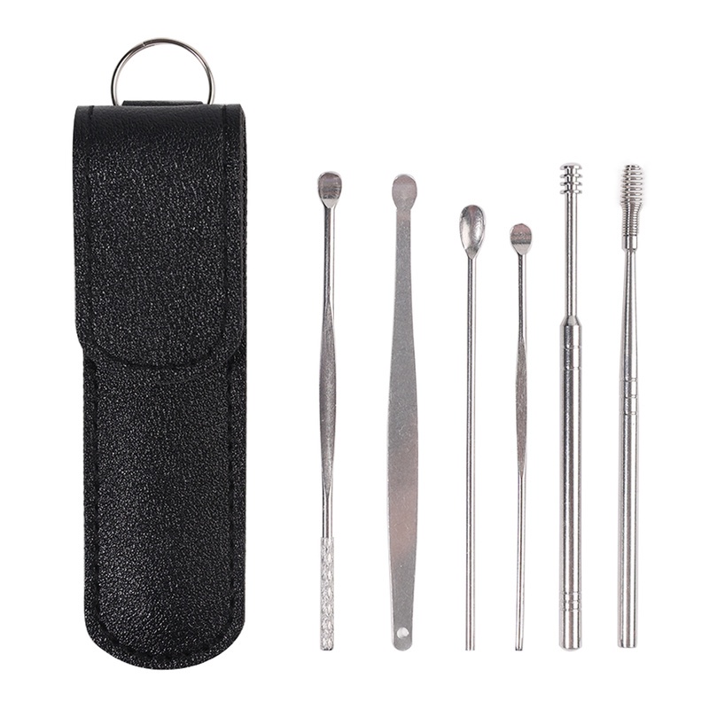 [Hàng mới về] Set 6 dụng cụ vệ sinh tai bằng thép không gỉ chuyên nghiệp kèm túi đựng cho nam và nữ