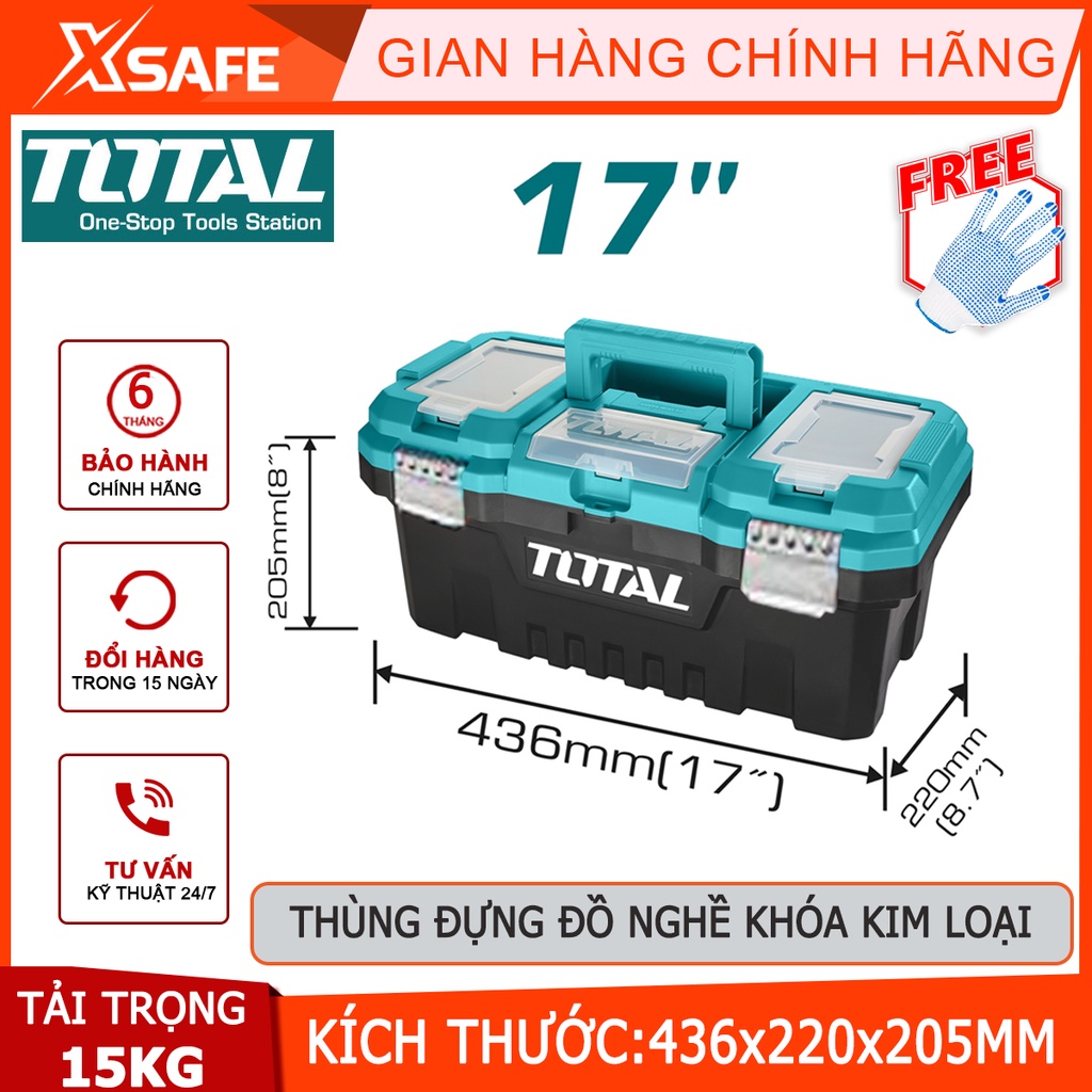 Hộp đựng đồ nghề TOTAL TPBX0172 Thùng đồ nghề khóa kim loại tải trọng tối đa 15kg, chất liệu nhựa PP cứng cáp, bền bỉ