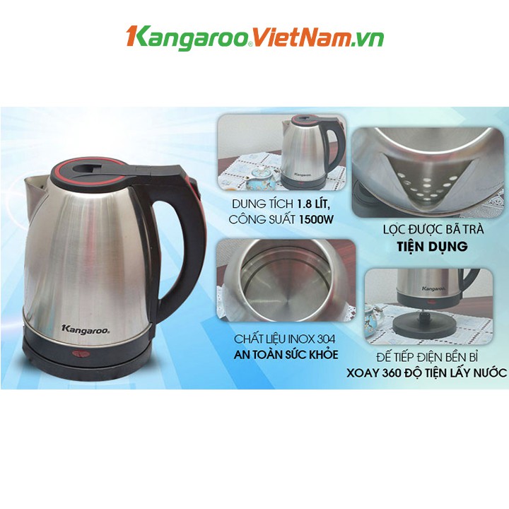 [Mã KANGTN30 giảm 30k đơn 299k ] Ấm siêu tốc 1,8L Kangaroo KG338  💯HÀNG CHÍNH HÃNG💯 Công suất 1500W, Tính năng tự ngắt