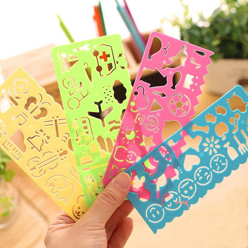 4pcs Lovely Plastic Various Patterns Washable Drawing Painting Stencils Scale Template Ruler Sets For Kid Craft