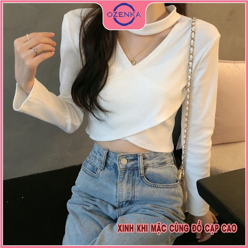 Áo croptop tay dài cổ v đắp chéo OZENKA , áo thu đông nữ đẹp len tăm cotton cao cấp màu đen trắng free size dưới 50 kg