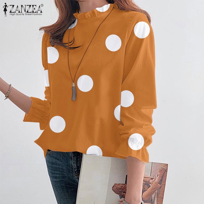 Áo kiểu Zanzea cổ tròn tay dài dáng rộng họa tiết chấm bi thời trang cho nữ