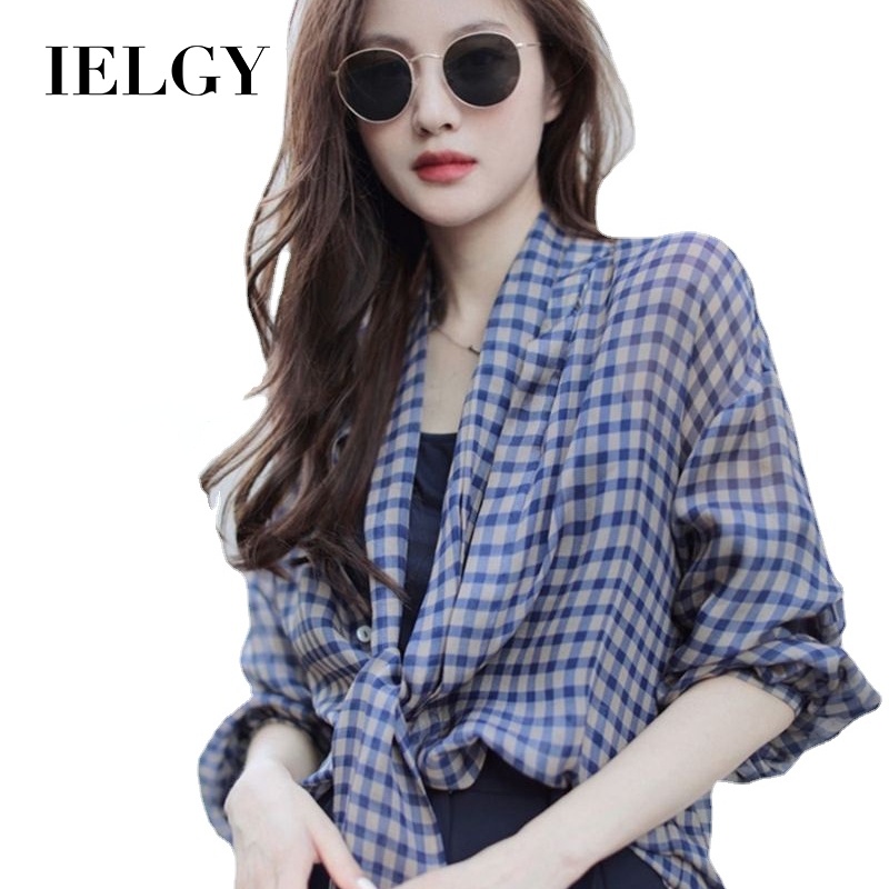 Áo sơ mi IELGY vải mỏng kẻ sọc caro màu xanh lam thời trang mùa hè cho nữ