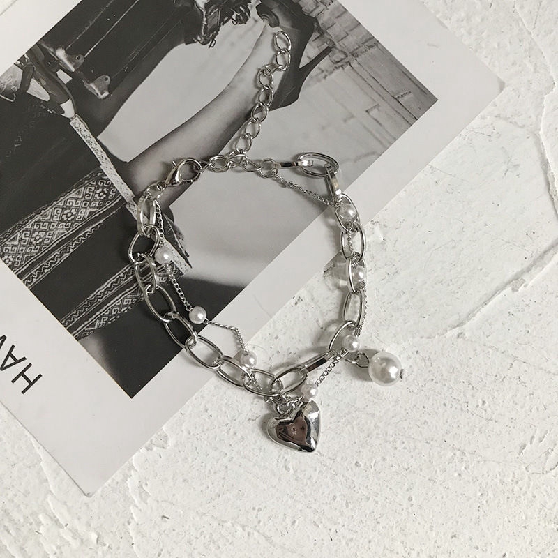 Vòng tay ngọc trai mặt trái tim hai lớp bằng kim loại phong cách mori ngọt ngào sang trọng đa năng 22453