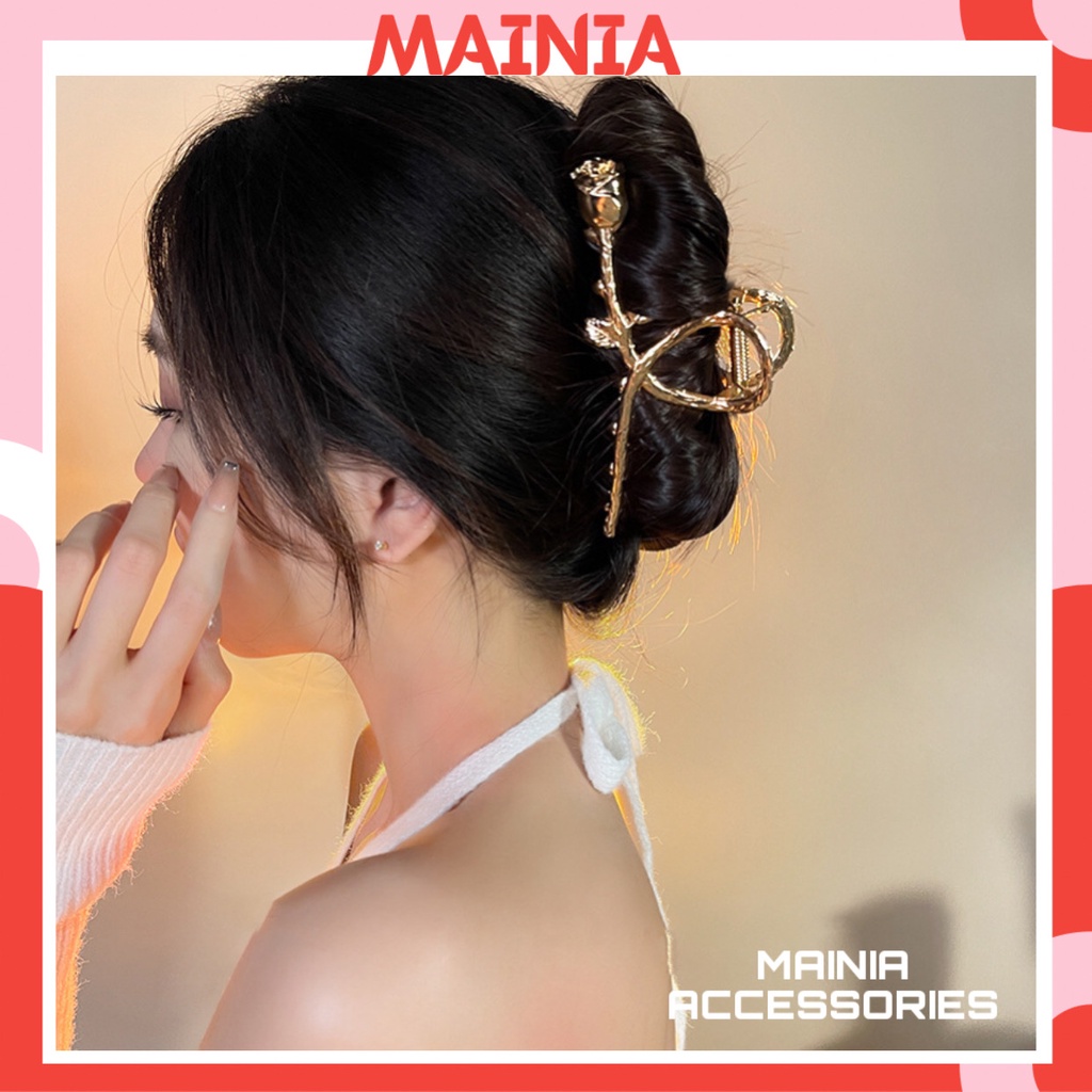 Kẹp Tóc Càng Cua Kim Loại Hàn Quốc Cành Hoa Hồng Vàng Siêu Xinh Mainia Shop
