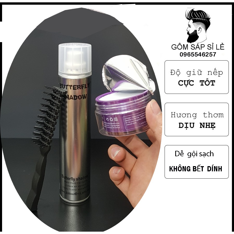 COMBO Sáp vuốt tóc Hair To 90 Xanh Kanfa 100ml + Gôm xịt tóc Butterfly Shadow 320ml +Tặng lược tạo kiểu cao cấp Chaoba