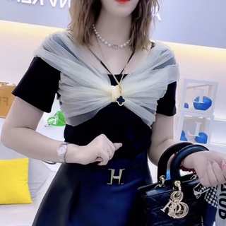 Áo Thun Tay Ngắn Phối Lưới Cotton Nguyên Chất Hàng Mới