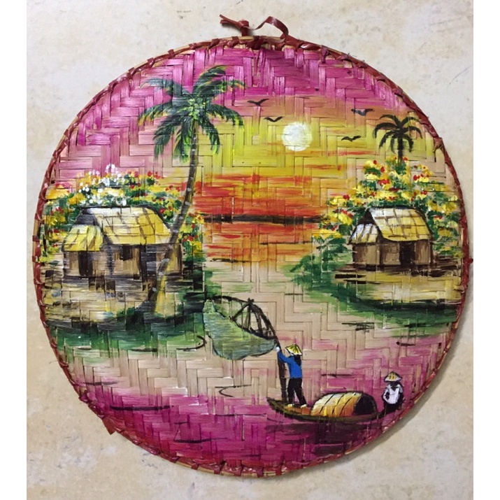 Tranh vẽ cảnh đồng quê Việt nam trên mẹt tre