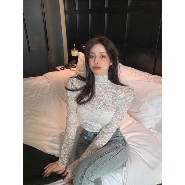 Áo dài tay ren có lót che ngực sexy ôm body màu trắng đen .