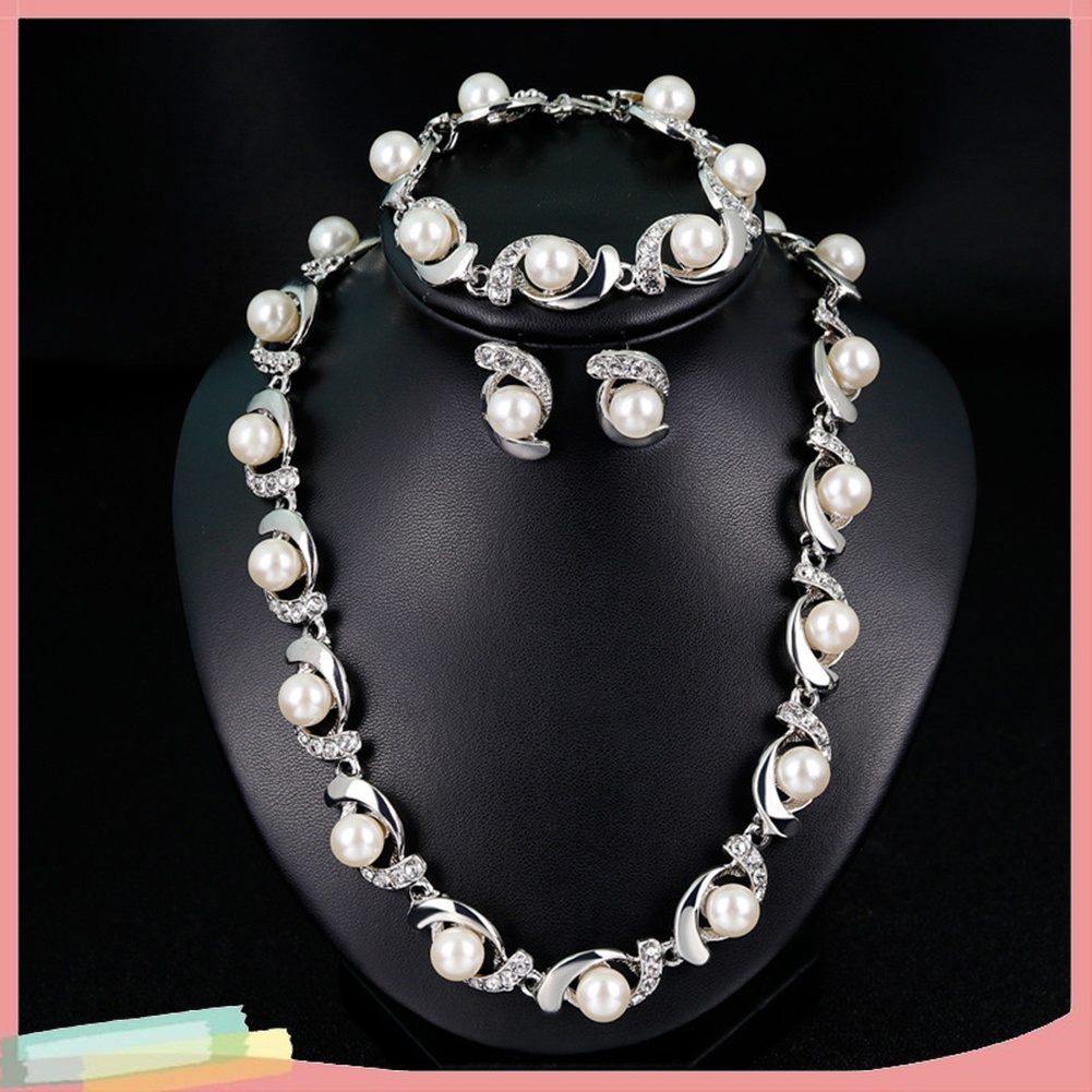 Bộ Trang Sức Vòng cổ + Vòng Tay + Đôi Khuyên Tai Đính Ngọc Trai Giả Sang Trọng Cho Nữ