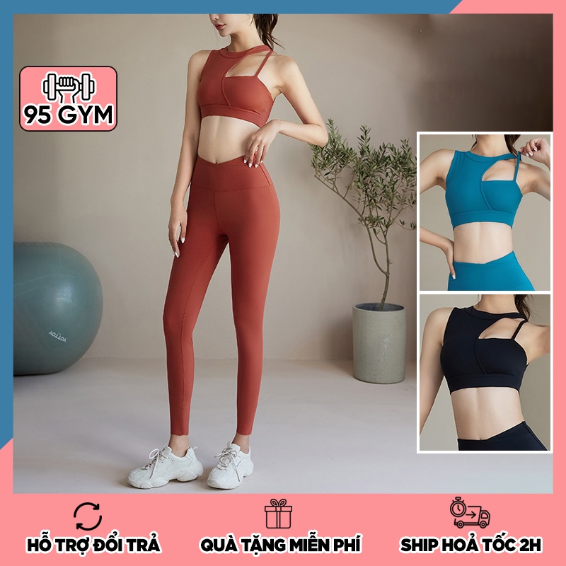 Set bộ đồ tập gym yoga nữ 95GYM SET32 gồm áo bra hở vai và quần legging cạp cao chất thun mềm co giãn tốt