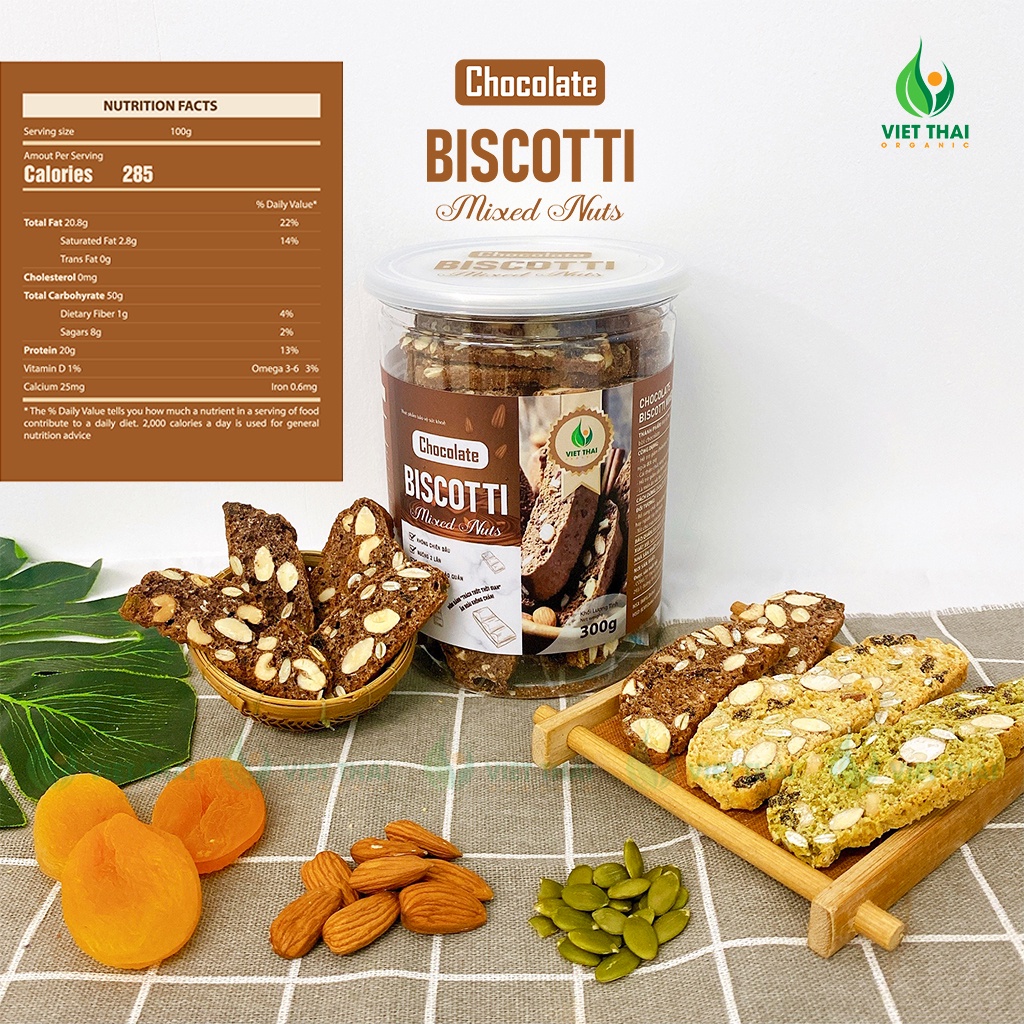 Bánh Biscotti Chocolate ăn kiêng, giảm cân heathly 100% nguyên cám, siêu hạt ăn sáng dinh dưỡng Việt Thái Organic
