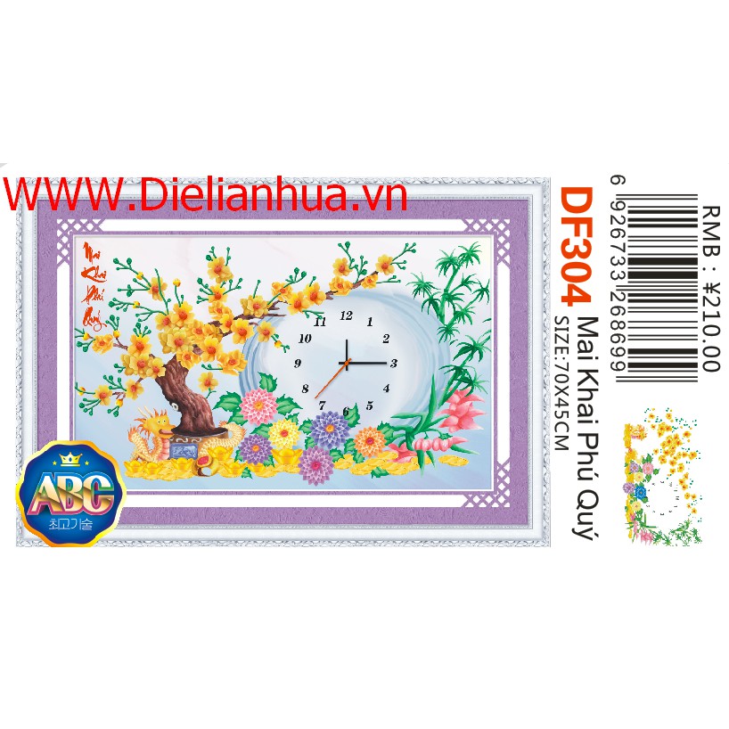 Tranh đính đá đồng hồ Mai Khai Phú Qúy. Kích thước 70x45cm