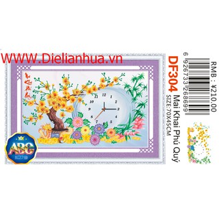 Tranh đính đá đồng hồ Mai Khai Phú Qúy. Kích thước 70x45cm