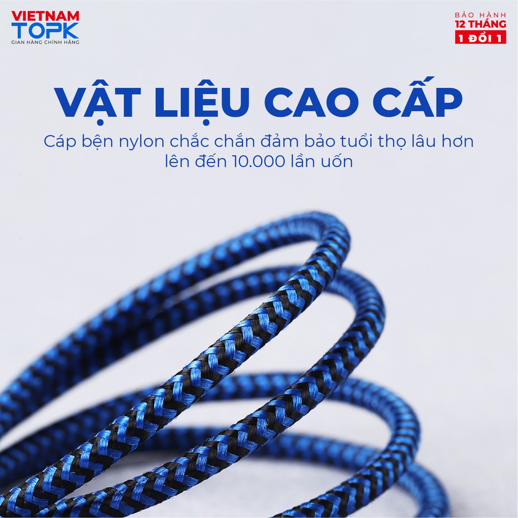 Cáp sạc TOPK AN24 dùng cho điện thoại - Hỗ trợ dòng điện tối đa 3A - Hàng chính hãng - Bảo hành 12 tháng 1 đổi 1