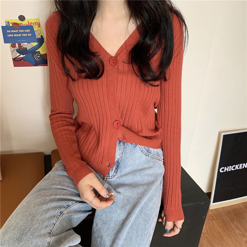 Áo Sweater Trơn Tay Dài Thời Trang Trẻ Trung 204115 Áo Len Cổ Chữ v Form Ôm Kiểu Dáng Đơn Giản Dễ Phối Đồ