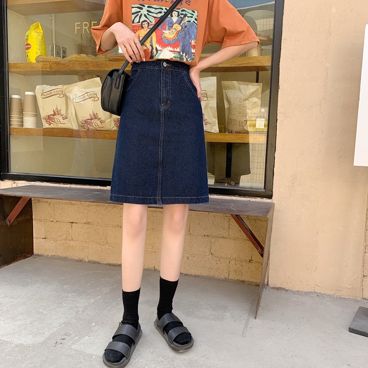 CHÂN VÁY JEANS / MIDI SKIRT DENIM CẠP CAO XẺ TÀ SAU TRƠN DÁNG CHỮ A HÀN QUỐC