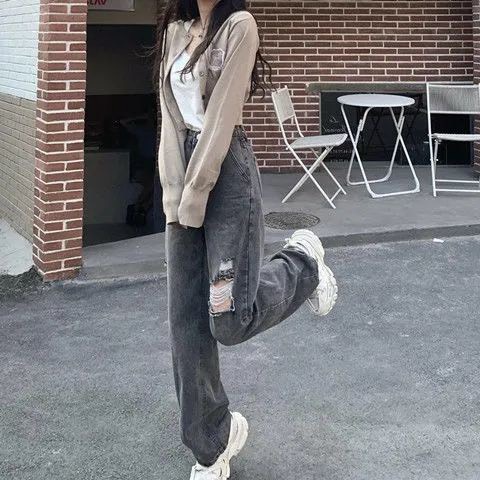 Quần jean ống rộng nữ xuông dài trơn lưng cao khóa trước vải bò Quảng Châu rách gối basic màu xám Ulzzang