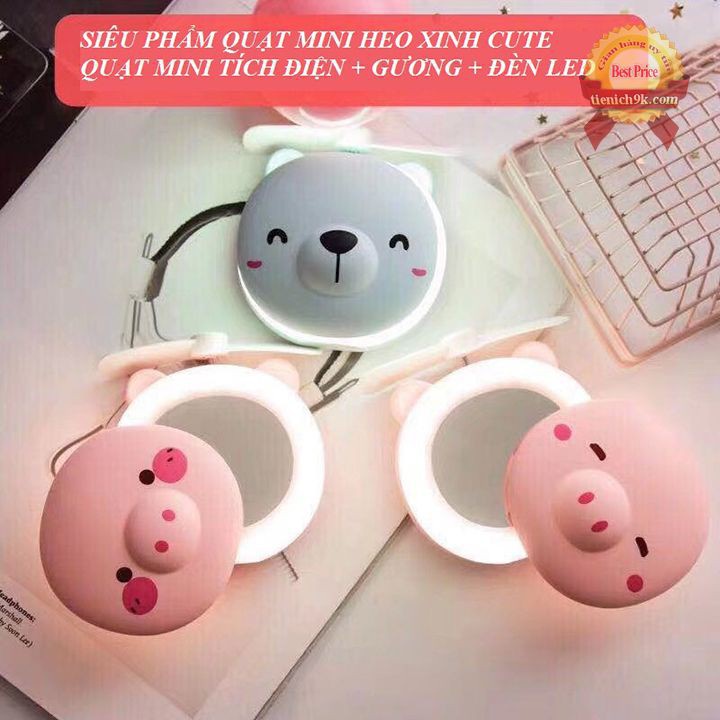 Quạt Hình Heo Cute Kèm Gương Trang Điểm Tiện Lợi