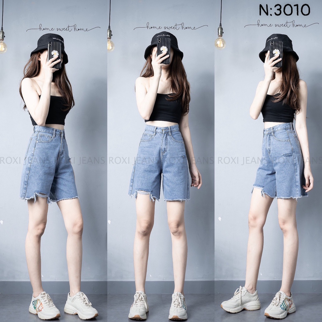 Quần Short Jean Bò Nữ Dáng Ngố Lửng Vải Mềm Rách Kiểu