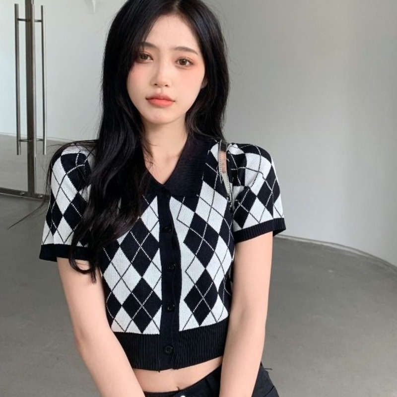 Áo Polo Tay Ngắn Họa Tiết Kim Cương 175285 Áo Dệt Kim Ngắn Phong Cách Retro Thời Trang Mùa Hè Dành Cho Nữ