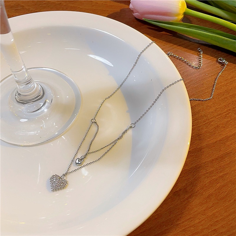 Vòng cổ 17KM thiết kế hai lớp mạ bạc mặt trái tim đính đá thanh lịch cho nữ