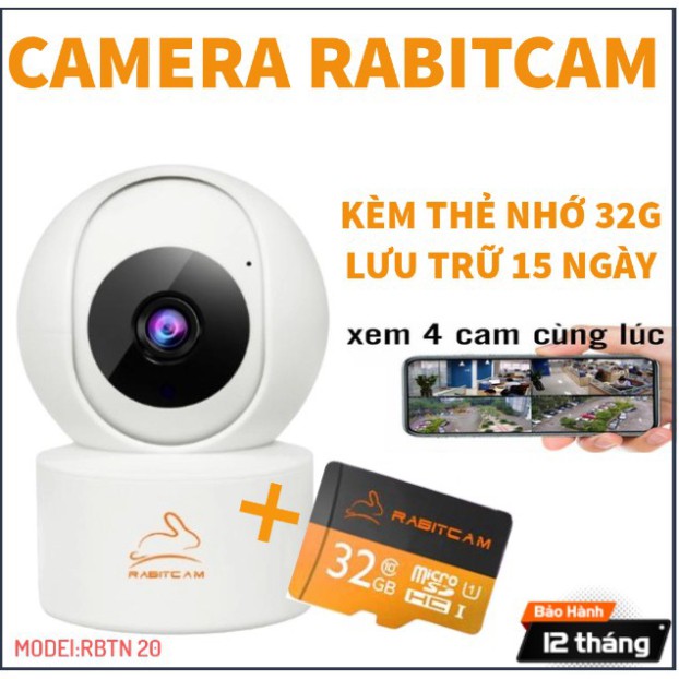 free ship Camera Wifi 360 Độ RABITCAM 2.0 Mpx full HD1080 (Kèm Thẻ 32G Lưu Trữ 15 Ngày) Chuẩn Nén H265+ Đàm Thoại 2 Chiề