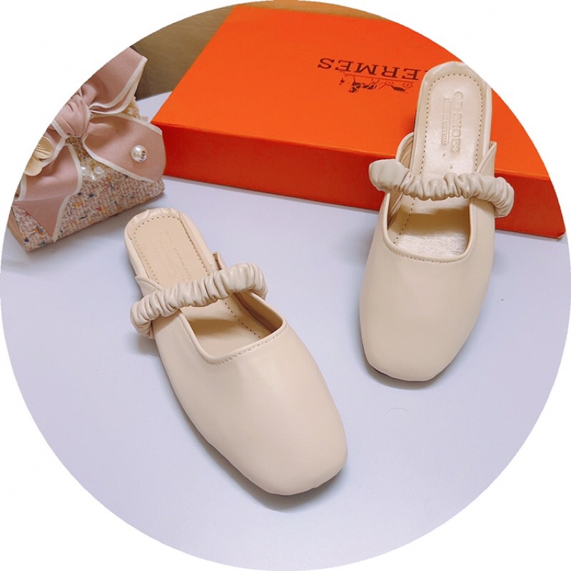 Dép sục bệt mũi vuông phối quai nhún ngang da lì