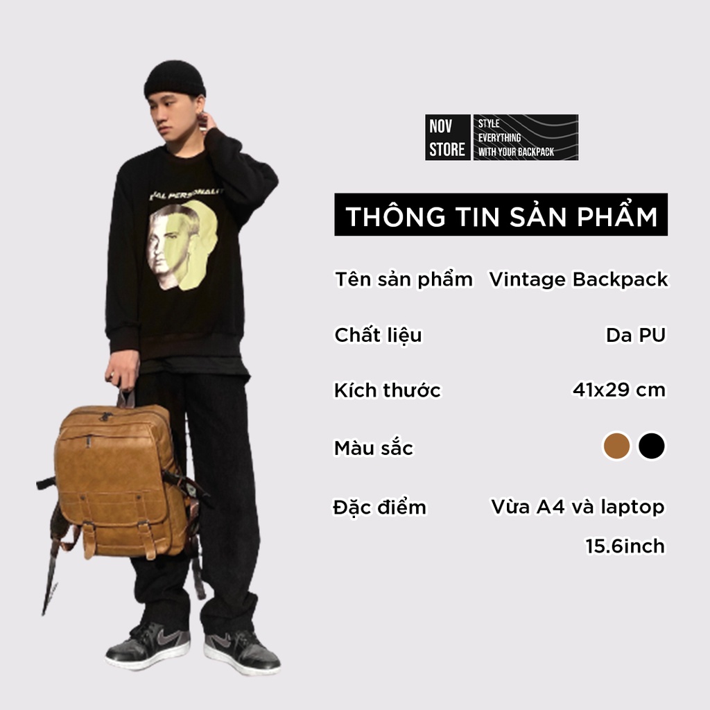 Balo da nâu kiểu dáng vintage, có sẵn 2 màu Đen và Nâu, chống thấm nước - VINTAGE BACKPACK, novstore