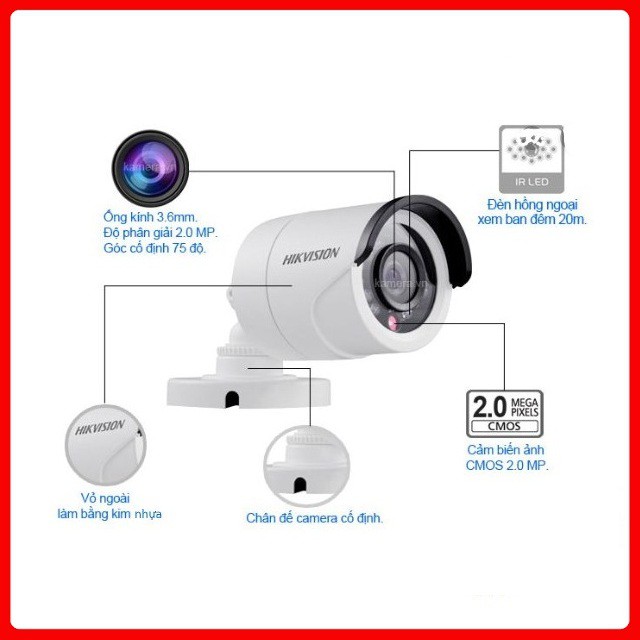 Camera 2.0 Megapixel HIKVISION DS-2CE16D0T- IRP Vỏ nhựa - BH 24 Tháng