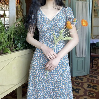 Little Floral Dress Vintage Long V-neck Lace V-neck Soft and feminine-blue floral print dress