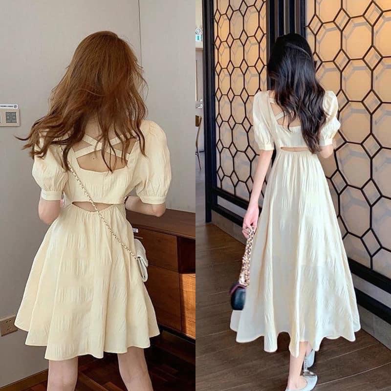 Váy hở lưng tay phồng ,váy đũi 2 lớp , Hàng QC dày dặn đẹp loại