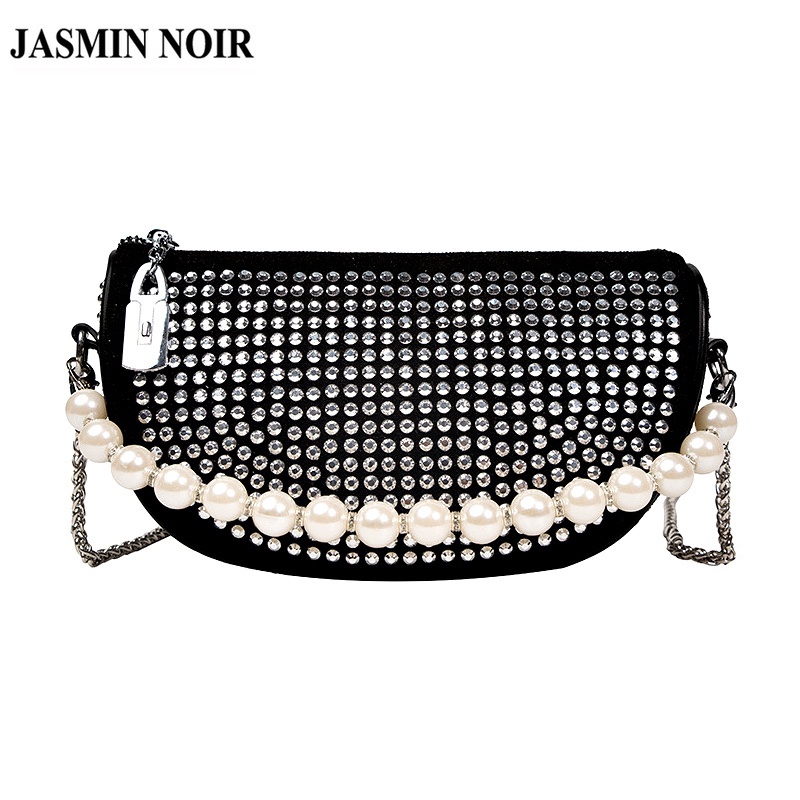 JASMIN NOIR Túi Đeo Chéo Đính Ngọc Trai Phối Dây Xích Thời Trang Cao Cấp Cho Nữ