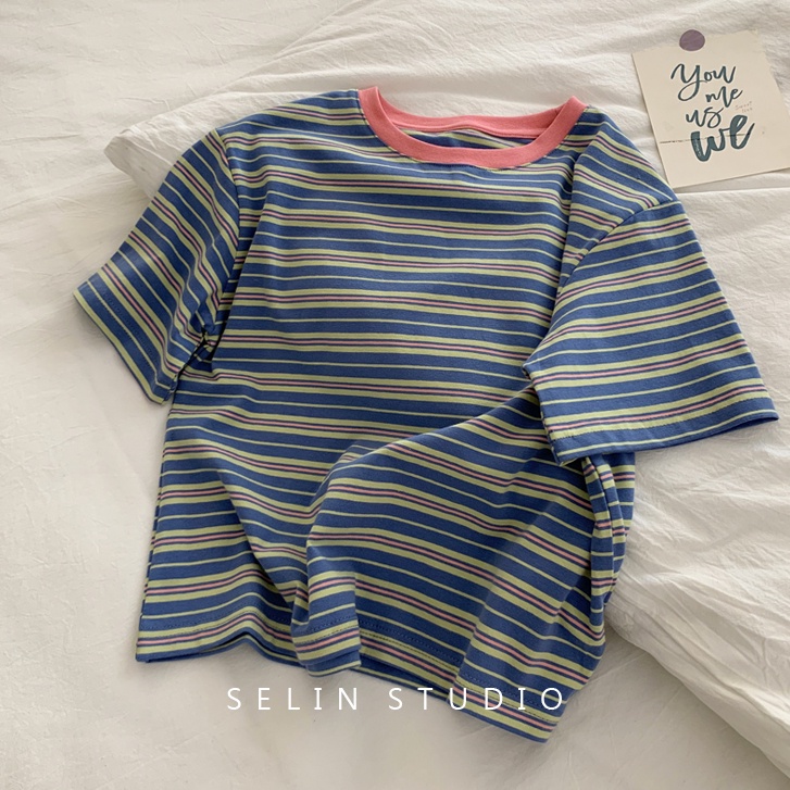 SUXI Áo Thun Ngắn Tay Cổ Tròn Họa Tiết Kẻ Sọc Đơn Giản Thời Trang Mùa Hè Dành Cho Nữ