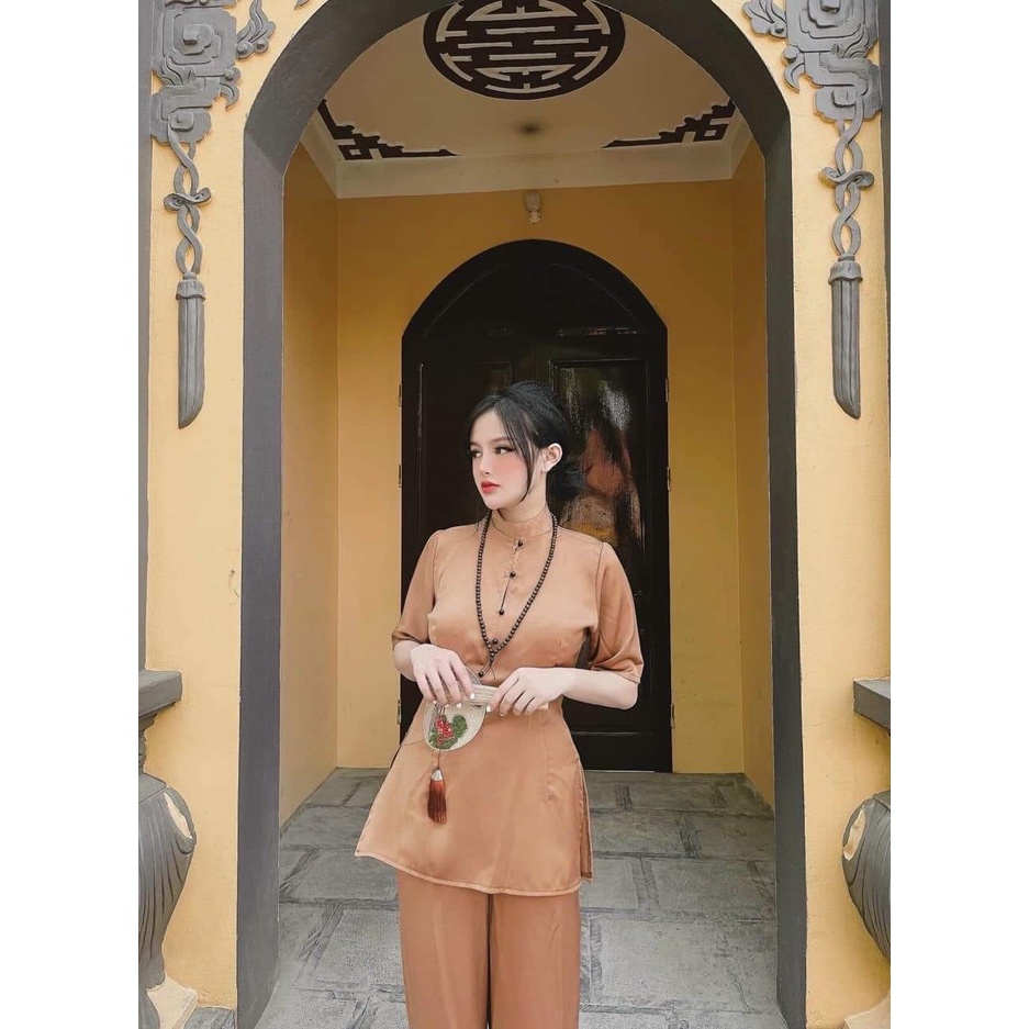 Đồ Lam Nữ Đi Chùa - Bộ Cổ Trụ Thêu Hạt Đính Ngọc Bội May Mắn Tàu AL025+
