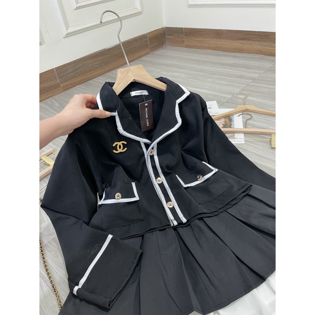 Set váy nữ viền kẻ trắng