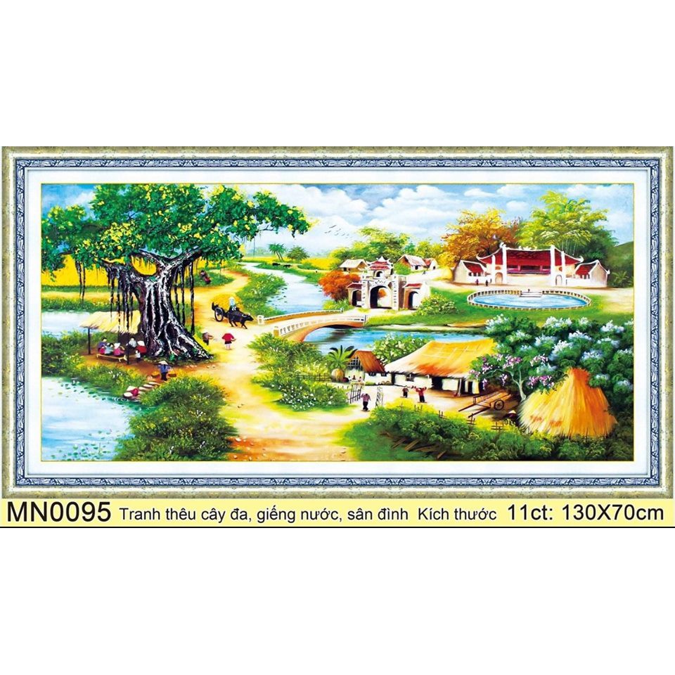 tranh thêu chữ thập phong cảnh làng quê cây đa giếng nước sân đình kt 130x70cm