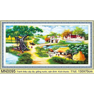 tranh thêu chữ thập phong cảnh cây đa giếng nước kt 130x70cm