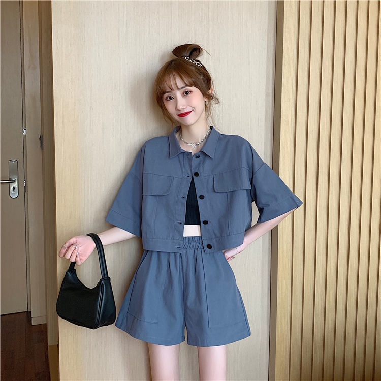 Set Áo Thun Tay Ngắn + Quần Short Ống Rộng Phong Cách Hàn Quốc Thời Trang Mùa Hè Cho Nữ