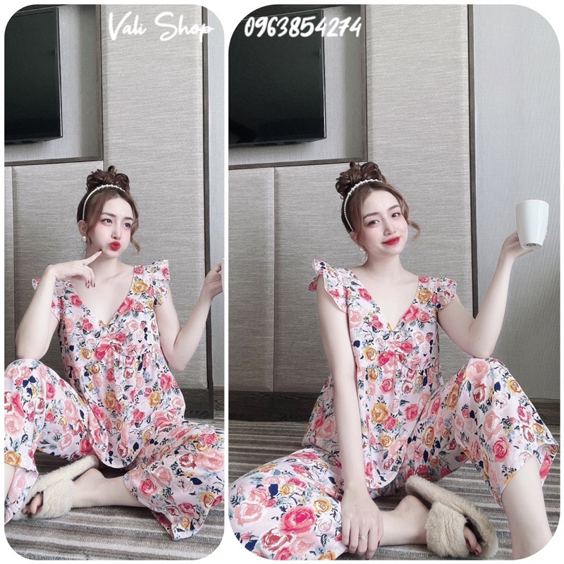 Đồ ngủ lụa mango quần dài hoạ tiết freesize 42-57kg