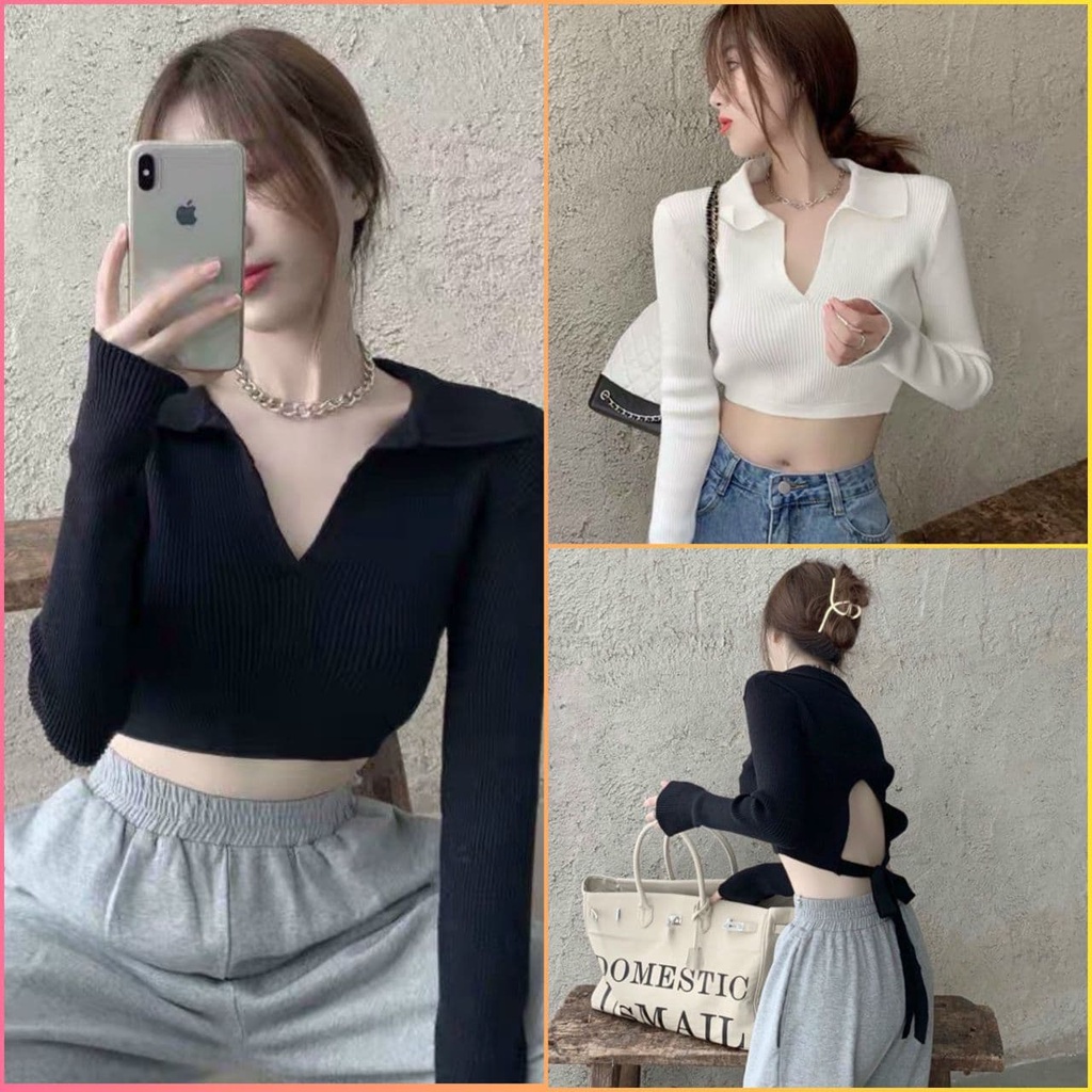 Áo ôm tay dài, croptop, cổ V, hở lưng, phía sau cột dây quyến rũ, tay lửng