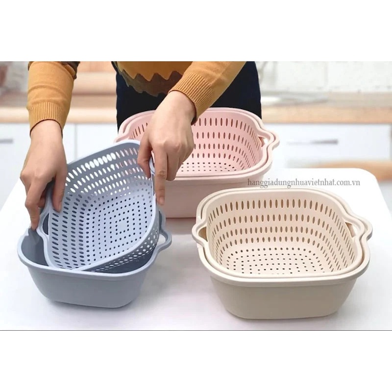 Bộ rổ nhựa kèm chậu 2 lớp vuông nhựa Việt Nhật Cao Cấp