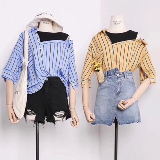 Áo sơ mi kẻ lệch vai pha áo phông