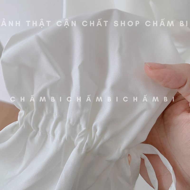 Áo sơ mi kiểu tay phồng dây rút học sinh