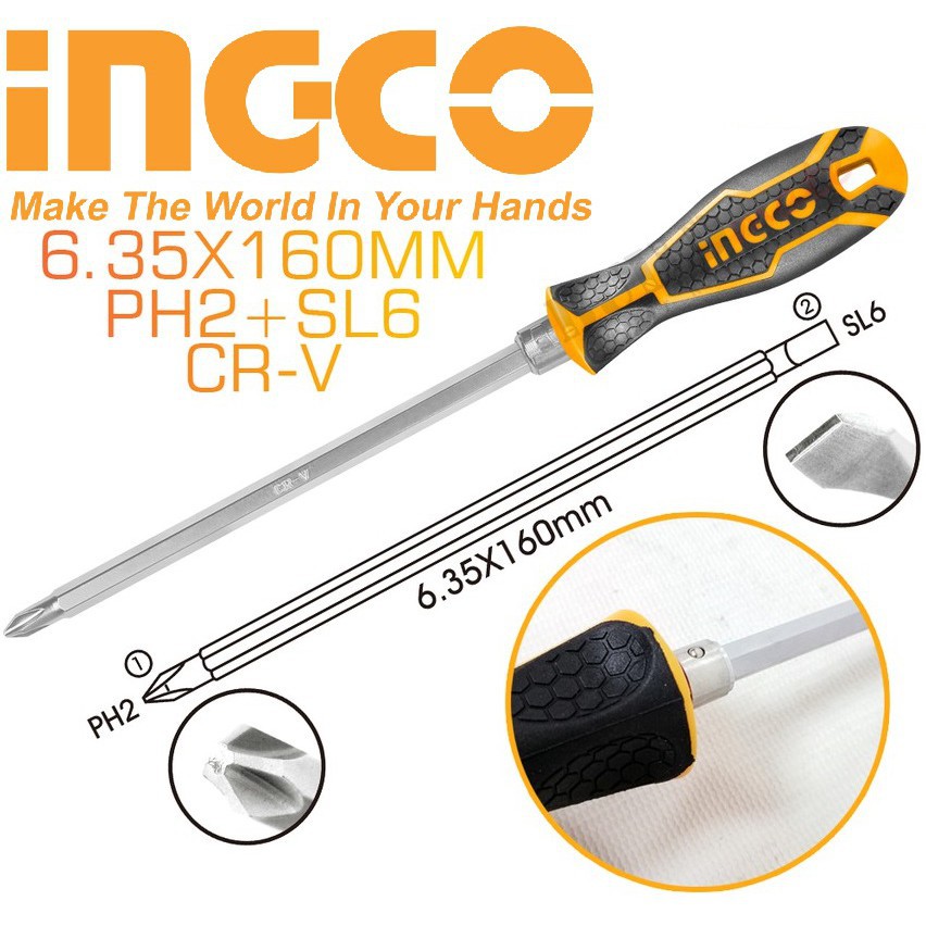 [CHÍNH HÃNG] INGCO Tô vít Tuốc nơ vít 2 đầu 6.35x160mm dài 245mm PH2 SL6 CRV AKISD0201 THT250206 (DSG)