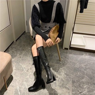 Boot đùi da lì khoá trước gót trụ
