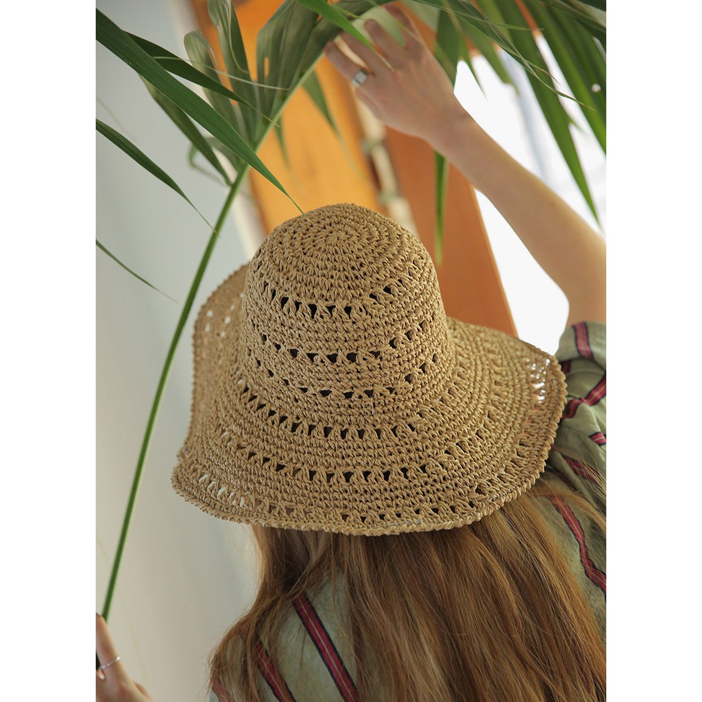 Mũ cói rộng vành đan thưa vintage