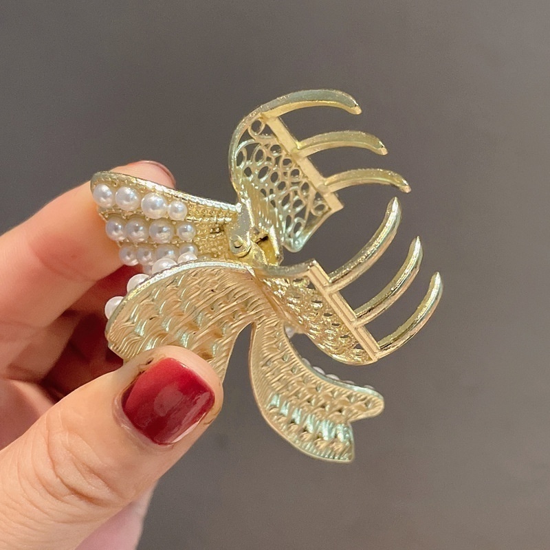 Kẹp Tóc Hình Nơ Bằng Kim Loại Đính Ngọc Trai Giả Thanh Lịch